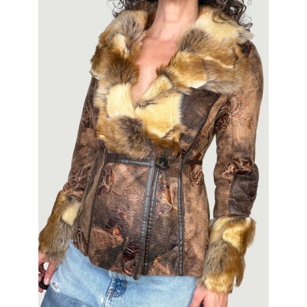 Cache Vintage Y2K Brown Faux Fur Trim Rose Applique Jacket Vegan Leather S